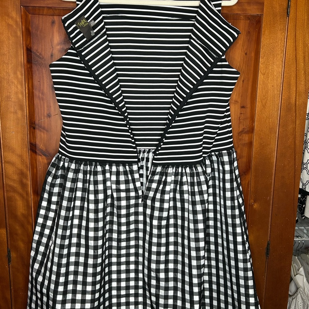 Taylor Woman Black and White Striped & Gingham Checkered Midi Dress Retro - Picture 15 of 16